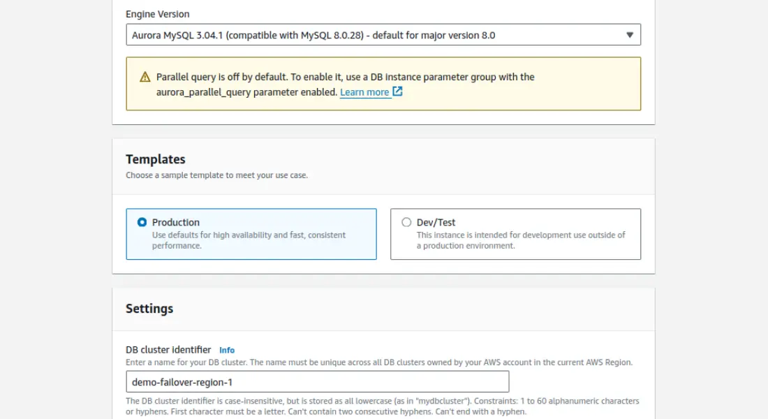 Choose the correct versions and add DB Cluster Identifier