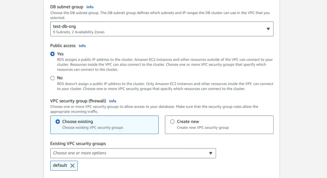 Choose the subnet group you created below for your VPC
