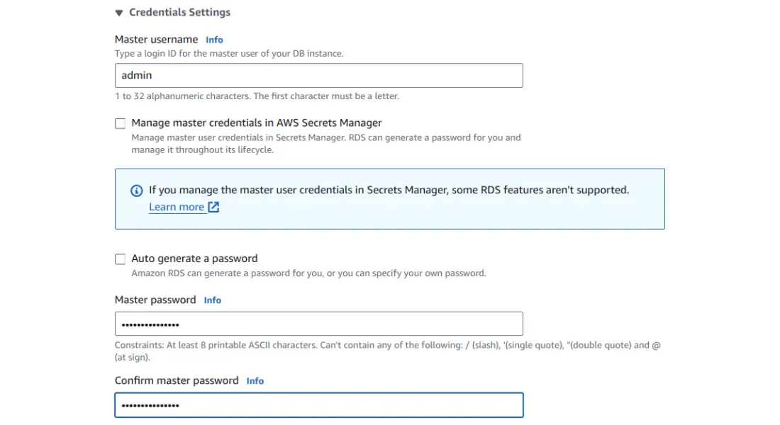 Enter the credentials for the database