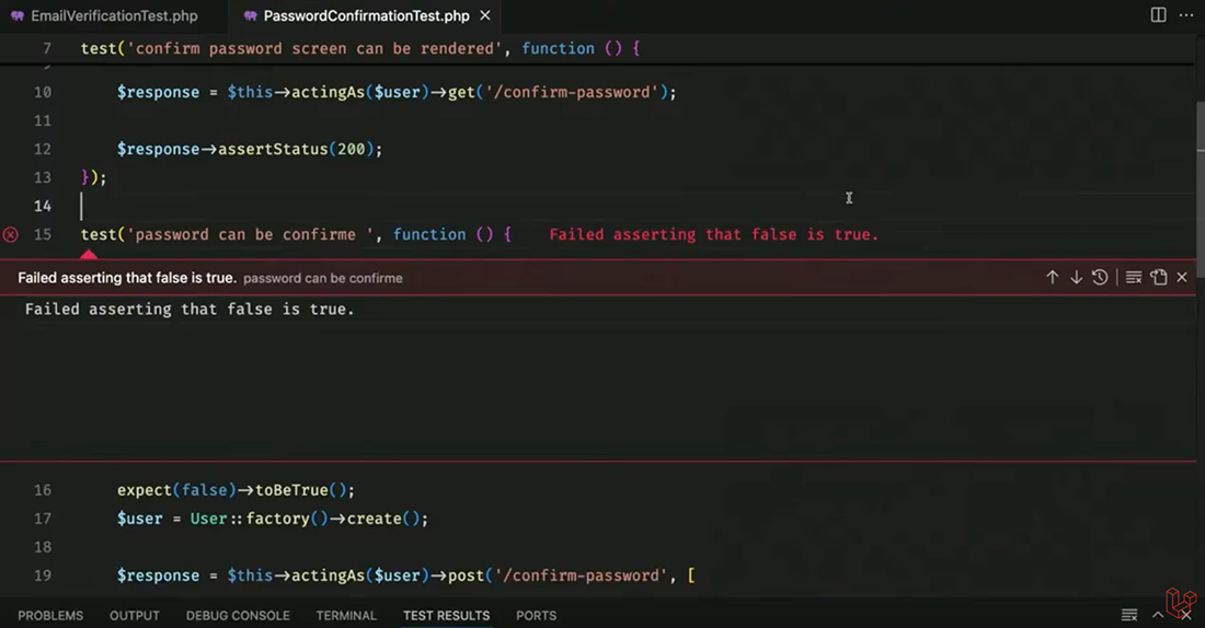 full test output at the bottom of VS Code